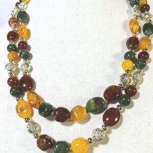 Vintage Marbled Thermoset Beaded Necklace Earth Tone 2 Strand 18" Silver Tone‎